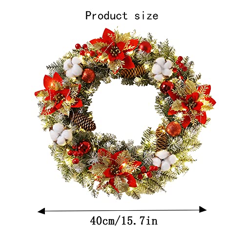 40 cm Christmas Wreath with Light, Artificial Wreath Front Door Decoration Fir Wreath Hanging Wreaths with Balls Berries Pine Cones Decoration for Door Table Window Wall Stairs Ornament (Red)