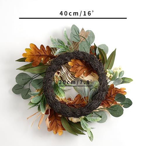 Valery Madelyn 16 inch Autumn Wreath for Front Door, Neutral Fall Decor with White Pumpkin, Berry Clusters, Pine Cone, Eucalyptus Leaves for Thanksgiving Window Wall Farmhouse Decor