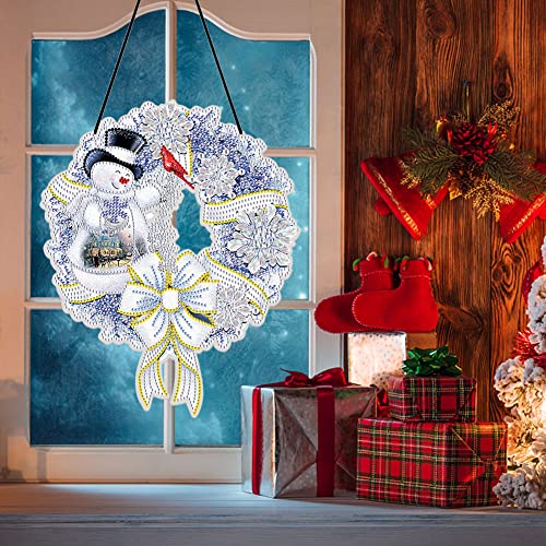 AZURAOKEY Christmas Diamond Art Painting Wreath Hanging Sign, DIY 5D Crystal Rhinestone Wreath Kits, Xmas Garland Round Drill Crystal Wreath Mosaic Crafts Painting Kits for Adults-25cm