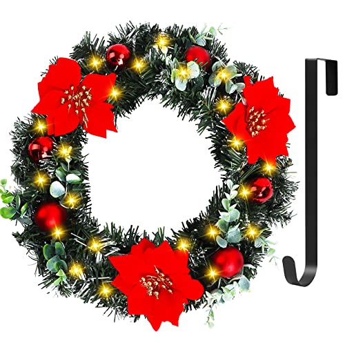 Christmas Wreath, Artificial Door Wreath with LED Lights, GIOVARA Xmas Wreath for Stairs, Fireplace, Front Door & Window, Pretty Outdoor Light Up Wreath, Spruce Wreath for Holiday Home Decoration