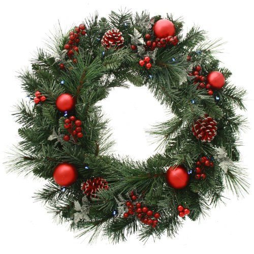 WeRChristmas Pre-Lit Decorated Wreath, 20 Ice White LED Lights, 60 cm, Red