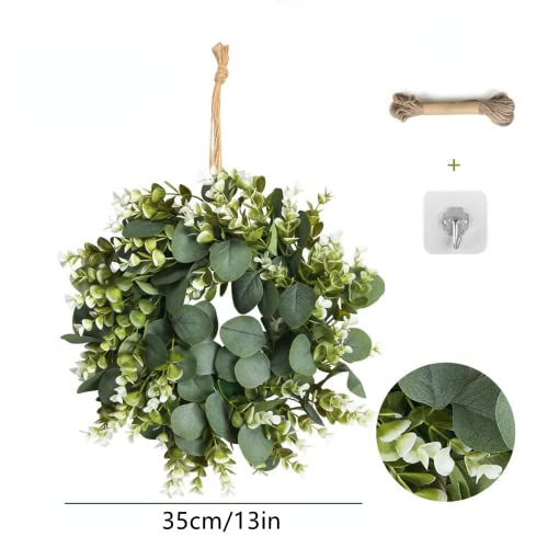 HAOSHCIS Artificial Eucalyptus Wreath with Flowers Faux Green Leaves Eucalyptus Wreath for Front Door Wall Festival Celebration Fireplace Window Party Decor (A)