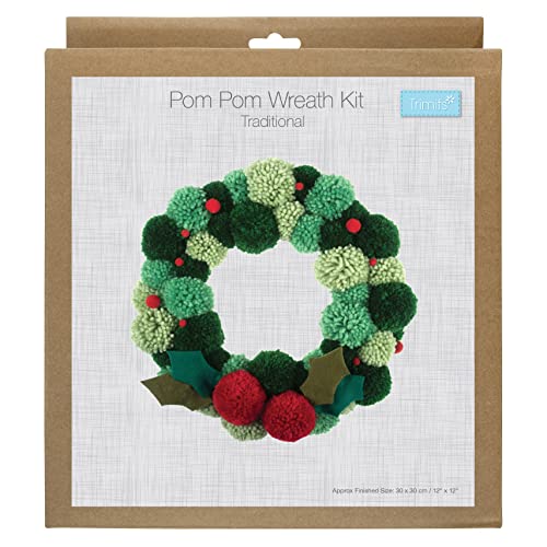 Trimits Green Pom Pom Wreath Kit, Make Your Own Christmas Decorations, Front Door Garland, Autumn Wreath 31cm (12.2in)