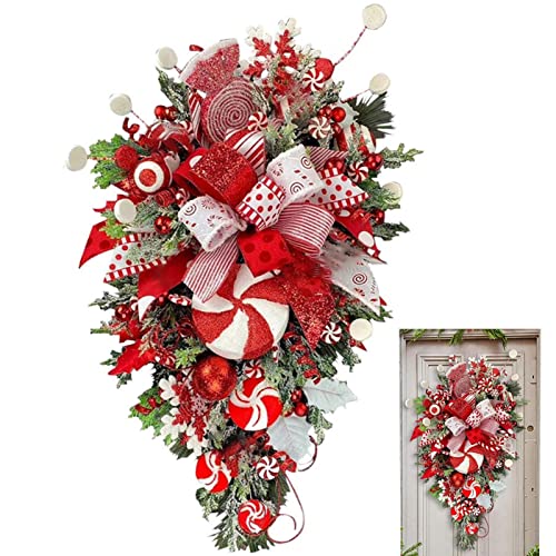 a-r Christmas Teardrop Swag Wreath | Artificial Christmas Wreath with Red Bowknot Lollipop Candy Cane | Frosted Branches Winter Christmas Hanging Decor for Front Door Wall Windows