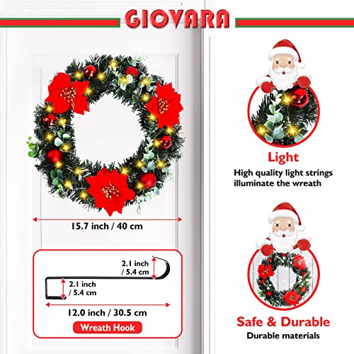 Christmas Wreath, Artificial Door Wreath with LED Lights, GIOVARA Xmas Wreath for Stairs, Fireplace, Front Door & Window, Pretty Outdoor Light Up Wreath, Spruce Wreath for Holiday Home Decoration