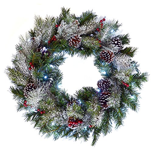 SPARKLES 24" (61cm) Light Up LED Green Snow Frosted Christmas Xmas Wreath Door Decoration, Polyester, Neutral, one Size