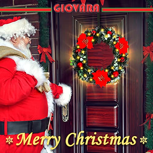 Christmas Wreath, Artificial Door Wreath with LED Lights, GIOVARA Xmas Wreath for Stairs, Fireplace, Front Door & Window, Pretty Outdoor Light Up Wreath, Spruce Wreath for Holiday Home Decoration