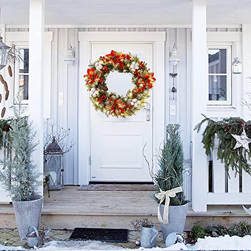 40 cm Christmas Wreath with Light, Artificial Wreath Front Door Decoration Fir Wreath Hanging Wreaths with Balls Berries Pine Cones Decoration for Door Table Window Wall Stairs Ornament (Red)