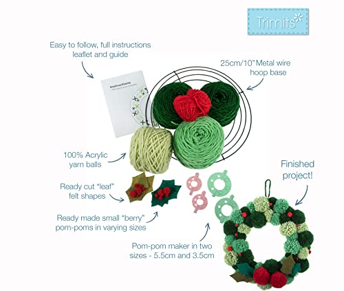Trimits Green Pom Pom Wreath Kit, Make Your Own Christmas Decorations, Front Door Garland, Autumn Wreath 31cm (12.2in)