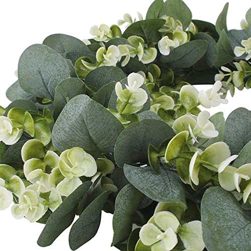 HAOSHCIS Artificial Eucalyptus Wreath with Flowers Faux Green Leaves Eucalyptus Wreath for Front Door Wall Festival Celebration Fireplace Window Party Decor (A)