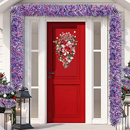 a-r Christmas Teardrop Swag Wreath | Artificial Christmas Wreath with Red Bowknot Lollipop Candy Cane | Frosted Branches Winter Christmas Hanging Decor for Front Door Wall Windows