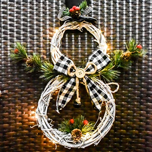 VKTY Snowman Wreath for Door,Battery Operated Christmas Snowman Wreath with Ornaments LED Front Door Wreaths for Christmas Home Kitchen Wall Window Hall Decor,16(H) by 8(W) Inch