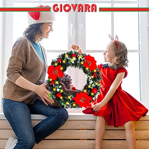 Christmas Wreath, Artificial Door Wreath with LED Lights, GIOVARA Xmas Wreath for Stairs, Fireplace, Front Door & Window, Pretty Outdoor Light Up Wreath, Spruce Wreath for Holiday Home Decoration