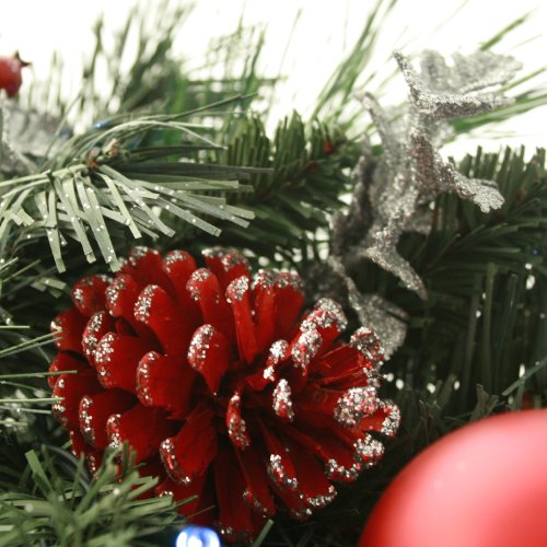 WeRChristmas Pre-Lit Decorated Wreath, 20 Ice White LED Lights, 60 cm, Red