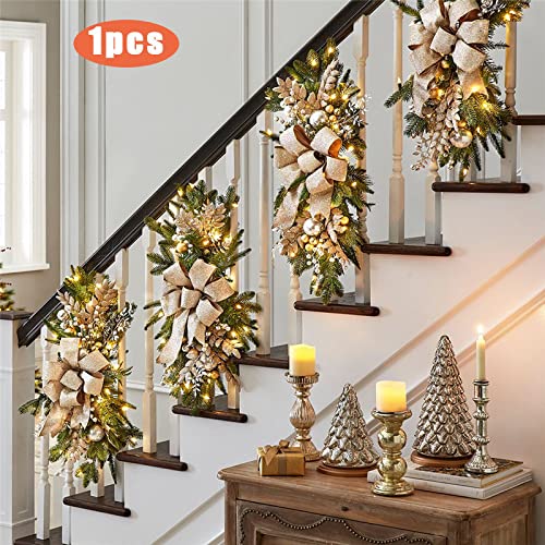 PYLTT Christmas Garland for Stairs, Lights Up Christmas Stair Swag, Cordless Prelit Stairway Swag, Trim Garland, Christmas Staircase Swag, Christmas Stair Decoration, Silver 1pcs
