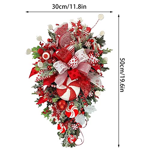 a-r Christmas Teardrop Swag Wreath | Artificial Christmas Wreath with Red Bowknot Lollipop Candy Cane | Frosted Branches Winter Christmas Hanging Decor for Front Door Wall Windows