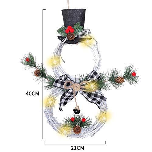 VKTY Snowman Wreath for Door,Battery Operated Christmas Snowman Wreath with Ornaments LED Front Door Wreaths for Christmas Home Kitchen Wall Window Hall Decor,16(H) by 8(W) Inch