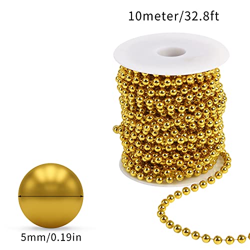 DERAYEE Christmas Bead Chain, 32.8ft Christmas Bead Garland DIY Art & Craft Christmas Bead for Xmas Gift Table Room Tree Party Decorations(Gold)