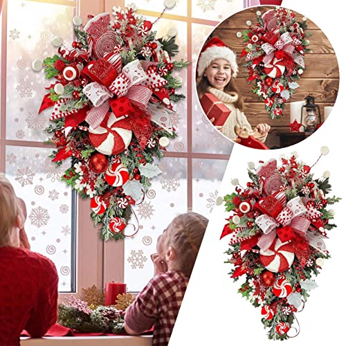 a-r Christmas Teardrop Swag Wreath | Artificial Christmas Wreath with Red Bowknot Lollipop Candy Cane | Frosted Branches Winter Christmas Hanging Decor for Front Door Wall Windows
