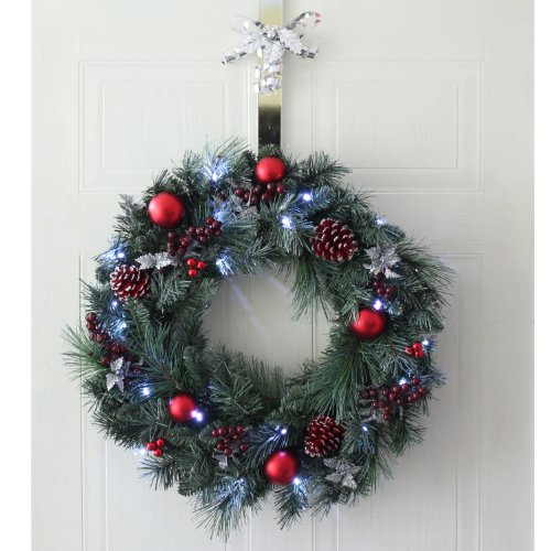 WeRChristmas Pre-Lit Decorated Wreath, 20 Ice White LED Lights, 60 cm, Red
