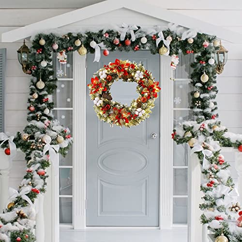 40 cm Christmas Wreath with Light, Artificial Wreath Front Door Decoration Fir Wreath Hanging Wreaths with Balls Berries Pine Cones Decoration for Door Table Window Wall Stairs Ornament (Red)
