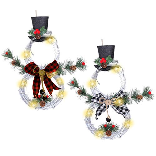 VKTY Snowman Wreath for Door,Battery Operated Christmas Snowman Wreath with Ornaments LED Front Door Wreaths for Christmas Home Kitchen Wall Window Hall Decor,16(H) by 8(W) Inch
