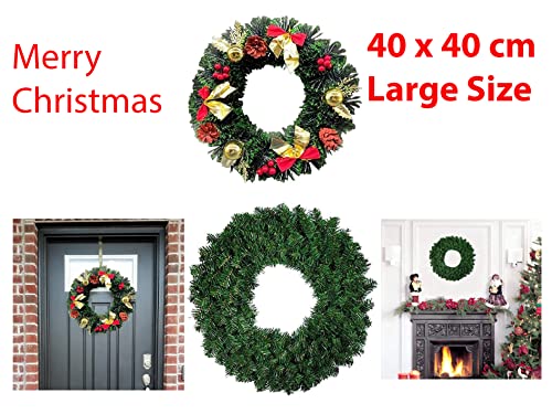40cm Classic Decorative Christmas Wreath, Artificial Green Xmas Wreath for Indoor & Outdoor Home Decoration Ornament, Green (Green)