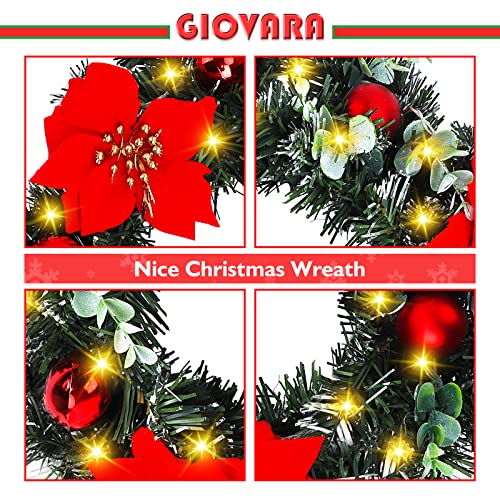Christmas Wreath, Artificial Door Wreath with LED Lights, GIOVARA Xmas Wreath for Stairs, Fireplace, Front Door & Window, Pretty Outdoor Light Up Wreath, Spruce Wreath for Holiday Home Decoration