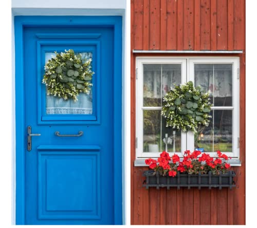 HAOSHCIS Artificial Eucalyptus Wreath with Flowers Faux Green Leaves Eucalyptus Wreath for Front Door Wall Festival Celebration Fireplace Window Party Decor (A)