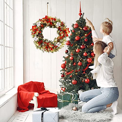40 cm Christmas Wreath with Light, Artificial Wreath Front Door Decoration Fir Wreath Hanging Wreaths with Balls Berries Pine Cones Decoration for Door Table Window Wall Stairs Ornament (Red)