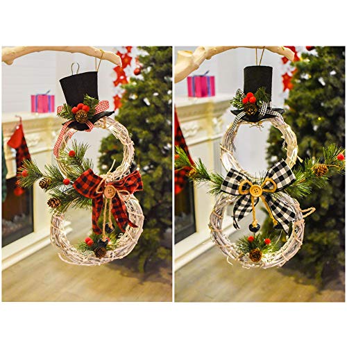 VKTY Snowman Wreath for Door,Battery Operated Christmas Snowman Wreath with Ornaments LED Front Door Wreaths for Christmas Home Kitchen Wall Window Hall Decor,16(H) by 8(W) Inch