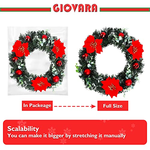 Christmas Wreath, Artificial Door Wreath with LED Lights, GIOVARA Xmas Wreath for Stairs, Fireplace, Front Door & Window, Pretty Outdoor Light Up Wreath, Spruce Wreath for Holiday Home Decoration