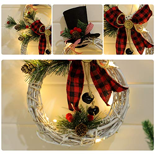 VKTY Snowman Wreath for Door,Battery Operated Christmas Snowman Wreath with Ornaments LED Front Door Wreaths for Christmas Home Kitchen Wall Window Hall Decor,16(H) by 8(W) Inch