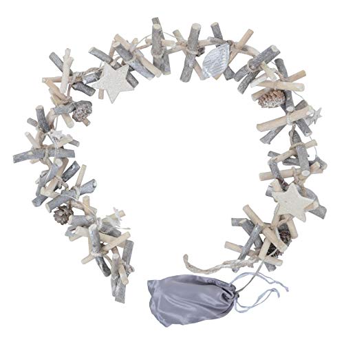 Mr Crimbo Pre-Lit Christmas Garland Grey Silver Wood Twigs Leaf Stars 10 LED Light 1m