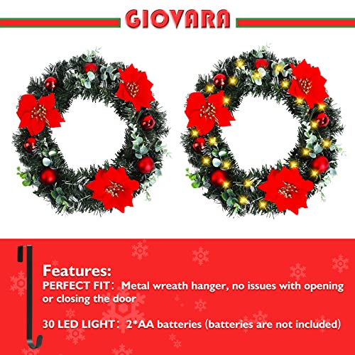 Christmas Wreath, Artificial Door Wreath with LED Lights, GIOVARA Xmas Wreath for Stairs, Fireplace, Front Door & Window, Pretty Outdoor Light Up Wreath, Spruce Wreath for Holiday Home Decoration