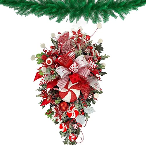 a-r Christmas Teardrop Swag Wreath | Artificial Christmas Wreath with Red Bowknot Lollipop Candy Cane | Frosted Branches Winter Christmas Hanging Decor for Front Door Wall Windows