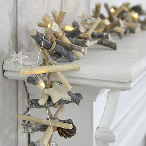 Mr Crimbo Pre-Lit Christmas Garland Grey Silver Wood Twigs Leaf Stars 10 LED Light 1m