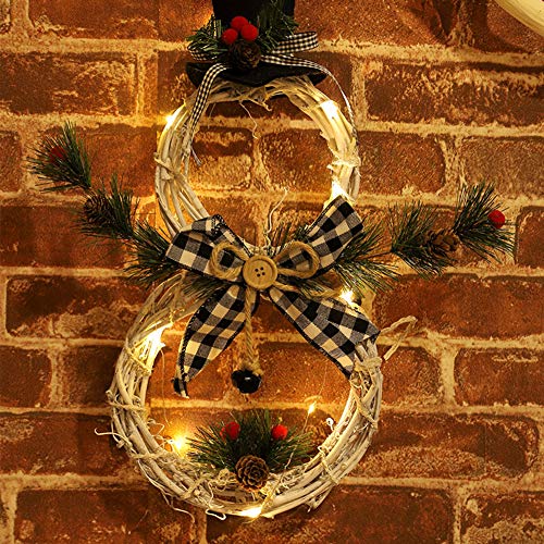 VKTY Snowman Wreath for Door,Battery Operated Christmas Snowman Wreath with Ornaments LED Front Door Wreaths for Christmas Home Kitchen Wall Window Hall Decor,16(H) by 8(W) Inch