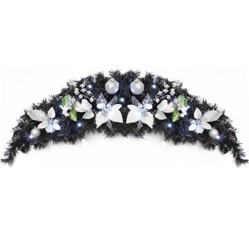WeRChristmas Pre-Lit Decorated Arch Garland Illuminated with 20 Cool White LED Lights, 90 cm - Black/Silver