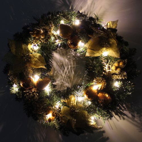 WeRChristmas Pre-Lit Decorated Wreath Christmas Decoration Illuminated with 20 Warm White LED Lights, 60 cm - Copper/Gold