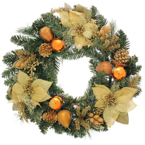 WeRChristmas Pre-Lit Decorated Wreath Christmas Decoration Illuminated with 20 Warm White LED Lights, 60 cm - Copper/Gold