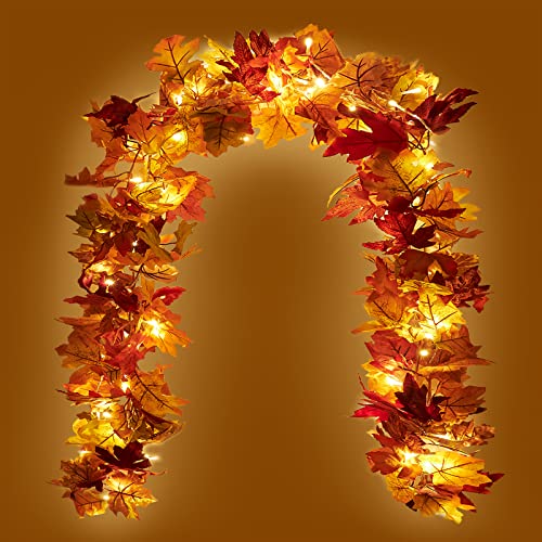 KASZOO 2 Pack Artificial Fall Maple Leaf Garland with 40 LED String Light,5.8 Ft/Pack Autumn Hanging Vine Garland Autumn Foliage Thanksgiving Garland for Christmas Home Decor