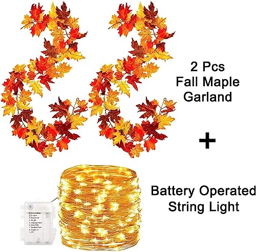 KASZOO 2 Pack Artificial Fall Maple Leaf Garland with 40 LED String Light,5.8 Ft/Pack Autumn Hanging Vine Garland Autumn Foliage Thanksgiving Garland for Christmas Home Decor