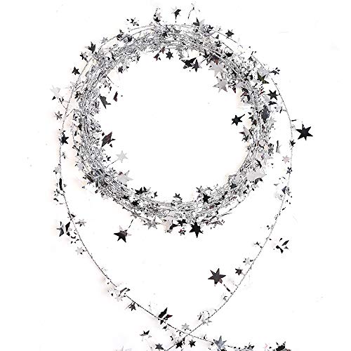 VEYLIN 25ft Star Shaped Tinsel Wire Garland for Christmas Trees Decoration (Silver)