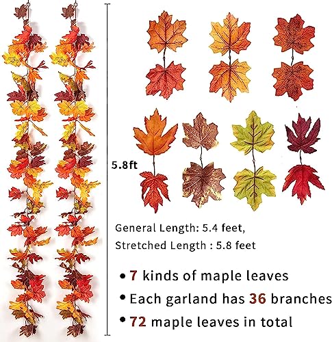 KASZOO 2 Pack Artificial Fall Maple Leaf Garland with 40 LED String Light,5.8 Ft/Pack Autumn Hanging Vine Garland Autumn Foliage Thanksgiving Garland for Christmas Home Decor