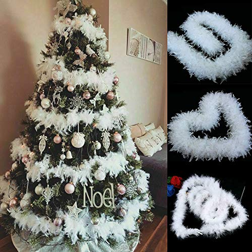 RASHION 5PCS x 2M Christmas Tree White Feather Boa - Fluffy Garland Boa Ribbon Strip for Xmas Tree Party Decor