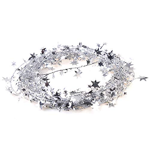 VEYLIN 25ft Star Shaped Tinsel Wire Garland for Christmas Trees Decoration (Silver)