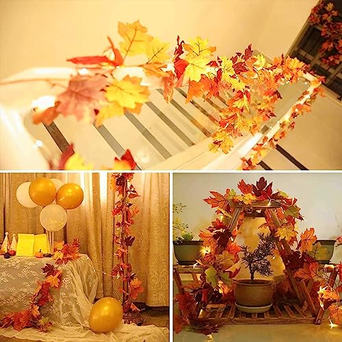 KASZOO 2 Pack Artificial Fall Maple Leaf Garland with 40 LED String Light,5.8 Ft/Pack Autumn Hanging Vine Garland Autumn Foliage Thanksgiving Garland for Christmas Home Decor