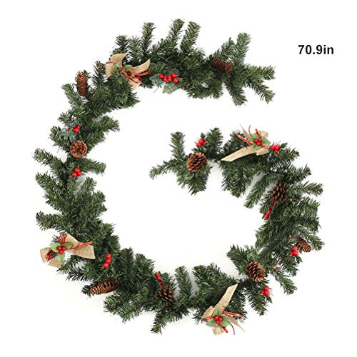teyiwei 6FT/1.8M LED Christmas Pre-Lit Garland,Artificial Wreath with Bowknot Red Berries Pine Cones,christmas garlands Suitable for Fireplace/Bar/Tops/Staircase/Door(No Battery)