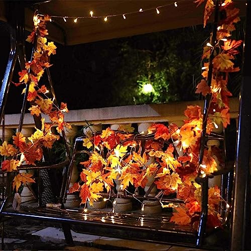 KASZOO 2 Pack Artificial Fall Maple Leaf Garland with 40 LED String Light,5.8 Ft/Pack Autumn Hanging Vine Garland Autumn Foliage Thanksgiving Garland for Christmas Home Decor